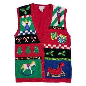 Vintage Winter Holiday Knit Vest, Knitted by Hand Talbots Christmas Vest, Button Front Embellished Chritmas Vest, Ramie Cotton, Size Large