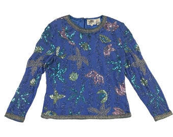 Blusa vintage de seda con cuentas: Top de lentejuelas azules y rosas de los años 90 para ocasiones especiales, talla M/L