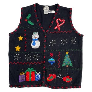 Vintage Snowman Holiday Knit Vest, Christmas Knit Vest, Embellished Ugly Christmas Vest, Women&#39;s , Ramie Cotton Vest Size 3X, 1990s Fun Vest
