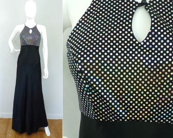 Vintage Iridescent Maxi Dress, Iridescent 1980s Black Gown Special Occasion Prom Dress , Silver Sequin Bodice Dress, Long Fancy Gown, Small