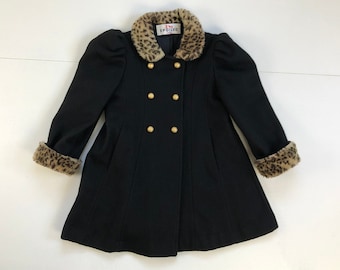 Vintage Girls Leopard Trim Coat, Wool Faux Fur Gold Buttons Dressy Little Girls Coat, Double Breasted Black w Leopard Trim Girls Size 6