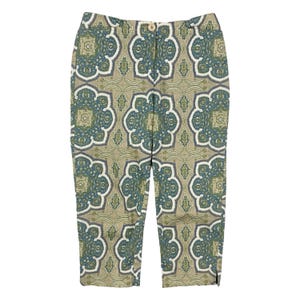 Y2K Abstract Print Crop Pants: Blue Tan Cotton, Size 8