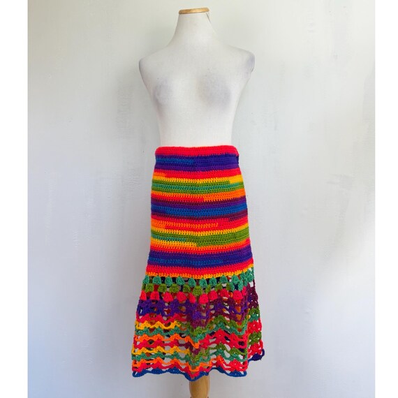 Hand Crocheted Rainbow Skirt, Women's Size Small, Acrylic Yarn, Close/Open Weave View 5