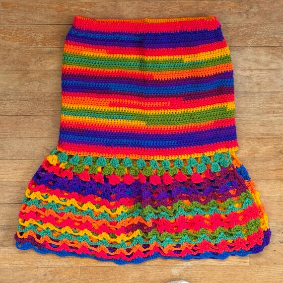Hand Crocheted Rainbow Skirt, Women's Size Small, Acrylic Yarn, Close/Open Weave View 4