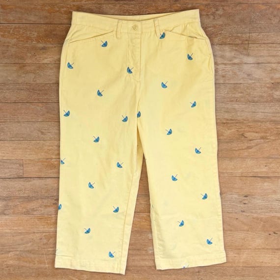 【90】Pants (Umbrella) Vintage Umbrella Print Capris, 1990s Cotton Spandex Yellow Pants