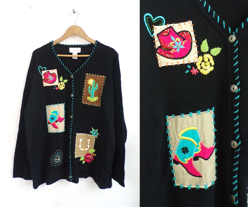 Vintage Western Cardigan Sweater 90s Embroidered Beaded Applique Cowgirl Sweater Button Down Embellished Rodeo Womens Jumper XL Extra Large