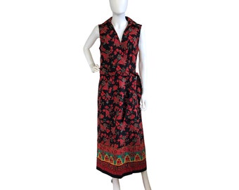 Vintage Floral Print Wrap Dress: 1990s Black Red Teal Sleeveless - Women's Size Medium