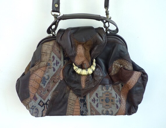 Vintage Patchwork Purse, Brown Shoulder Bag, Patt… - image 3