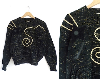 Vintage Metallic Sweater, 1980s Chunky Black & Gold Chunky Pullover Funnel Neck Sweater Geometric Abstract Applique Womens  Jumper Small