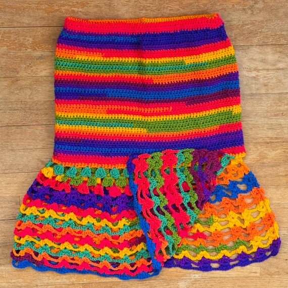 Hand Crocheted Rainbow Skirt, Women's Size Small, Acrylic Yarn, Close/Open Weave View 2