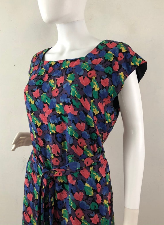 Vintage Floral Belted Dress, 1990s Sleeveless Flo… - image 6