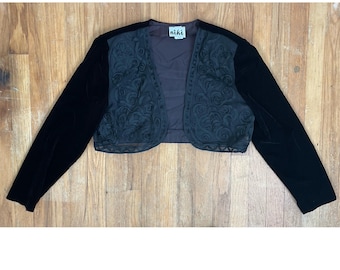 Vintage Black Velvet Bolero Jacket: Sheer Lace Cropped Eveningwear, Size Medium