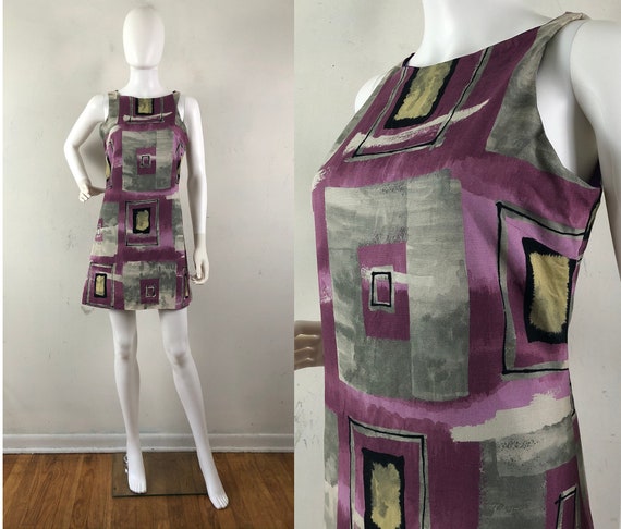 Vintage Mod Mini Dress, 90s Short Print Dress Size