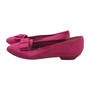 Vintage Shoes Hot Pink Bows, 1980s Satin Flats with Bows, New Old Stock, Womens Size 6 M, Low Heel Point Toe Shoes, Slip on Pink Shoes