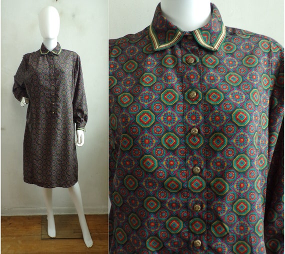 Schraeder Dress Print 80s Shirt Style Dress Vintage Dress 1980s Geometric Print Shift Button Front Shirt Dress Size 14P XL