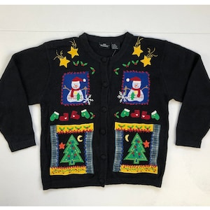 Vintage Embellished Snowman Cardigan: 1990s Ramie Cotton Christmas Sweater, Women&#39;s Medium