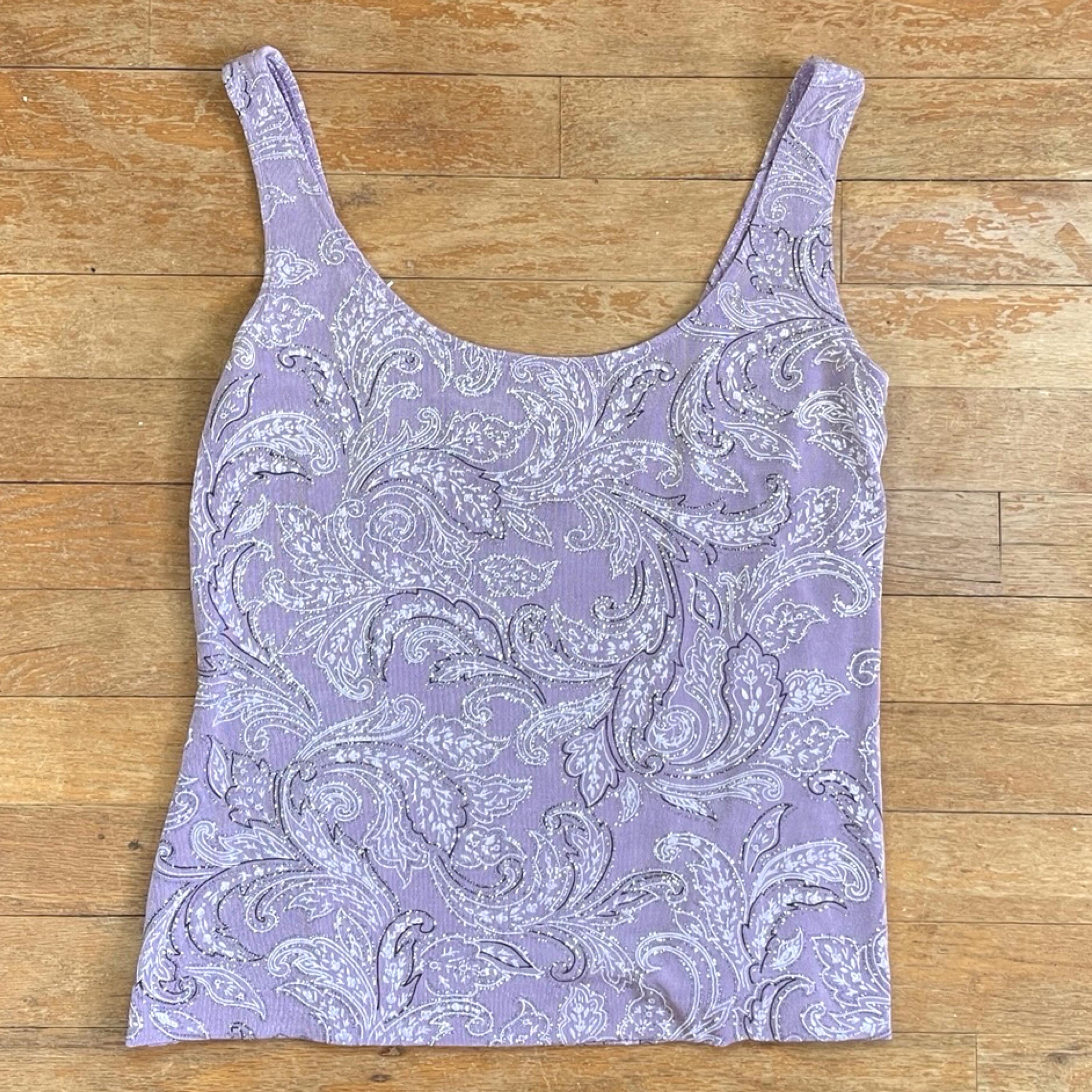Vintage Sparkly Tank Top , Eveningwear Tank, Lavender Silver Black Stretch Top, Paisley sequin stretch knit  top, Women's Size Medium, 1990s