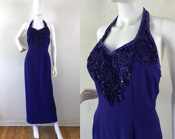 Vintage Beaded Halter Dress , Womens 1980s Gown Size 6 Purple Evening Ankle Length Dress, Fancy Special Occasion, Straight Cut Evening Gown