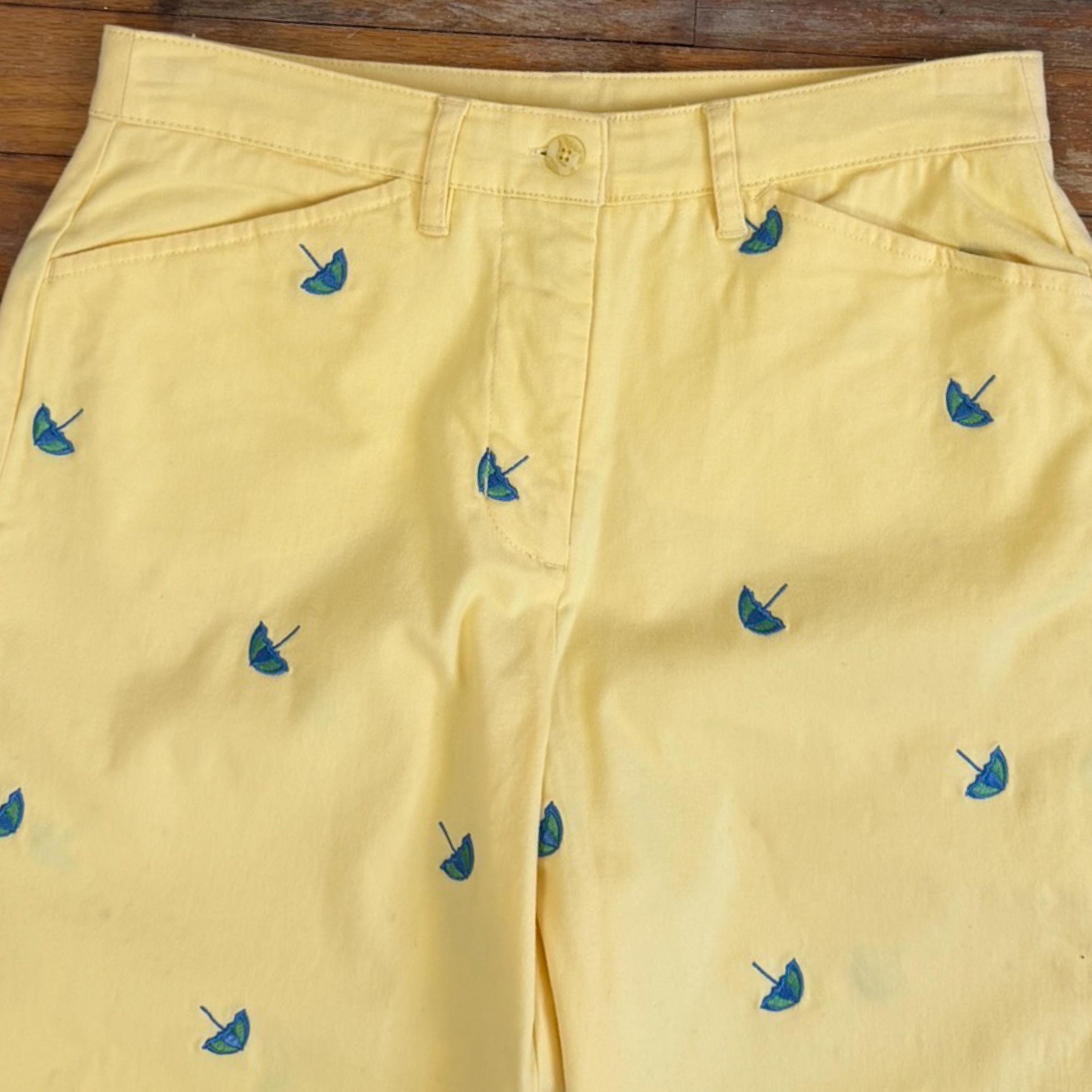 Vintage Umbrella Print Capris, 1990s Cotton Spandex Yellow Pants