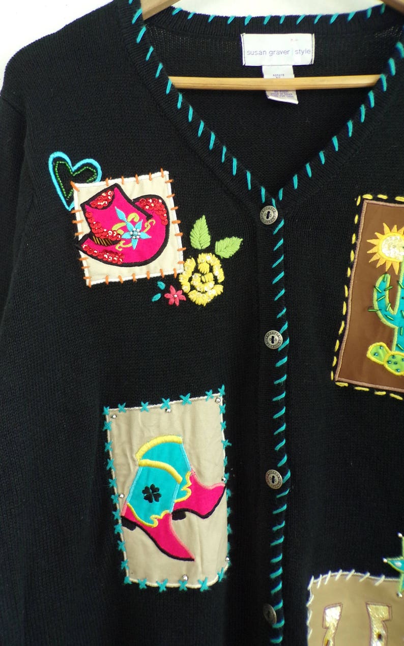 Vintage Western Cardigan Sweater 90s Embroidered Beaded Applique Cowgirl Sweater Button Down Embellished Rodeo Womens Jumper XL Extra Large