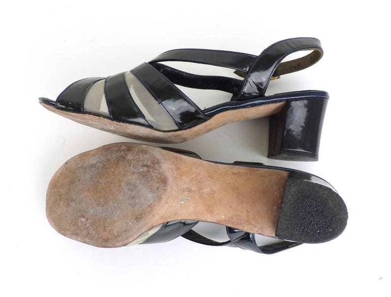 Vintage Faux Patent Leather Sandals 80s Black Florsheim Chunky Heel Shoes Size 8M Peep Toe Shoes Slingback Women/'s Wide Heel Sandals