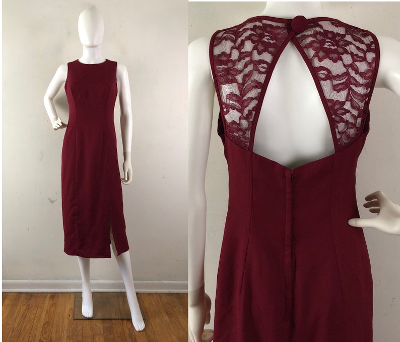 1980s Fancy Dress Alfred Angelo Womens Deep Red Cranberry Color Lace Back Evening Occasion Dress Vintage Lace Back Dress