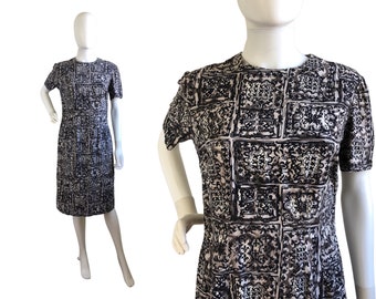 Vintage 1960s Print Dress, Cotton Black White Sheath Abstract Day Dress, Darted Front Print Mid Century Dress, Made in Sweden, Size Medium