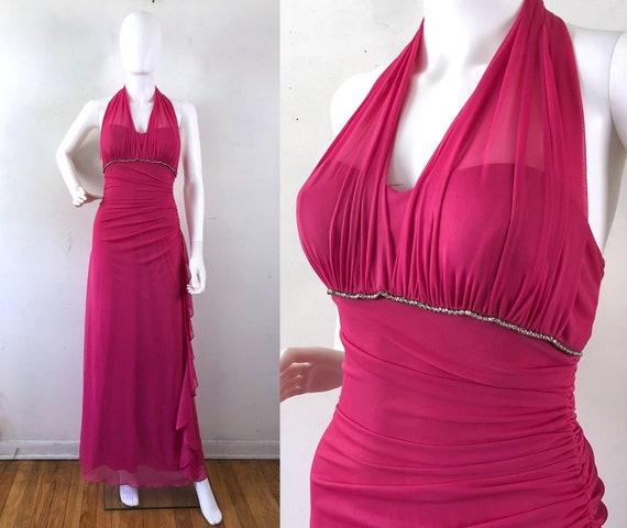 Vintage 1980s Halter Dress, Hot Pink Long Dress Si