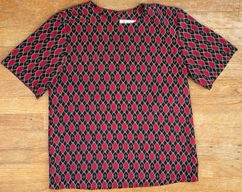 Vintage 90s Geometric Print Blouse: Vintage Black Red Polyester Top