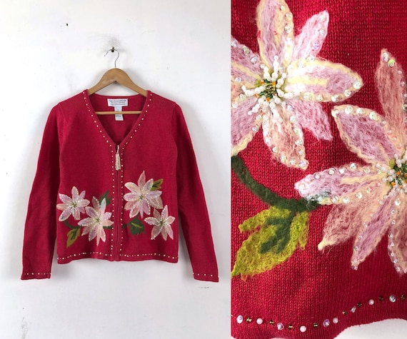 Vintage Christmas Sweater, Poinsettia Flower Sweat