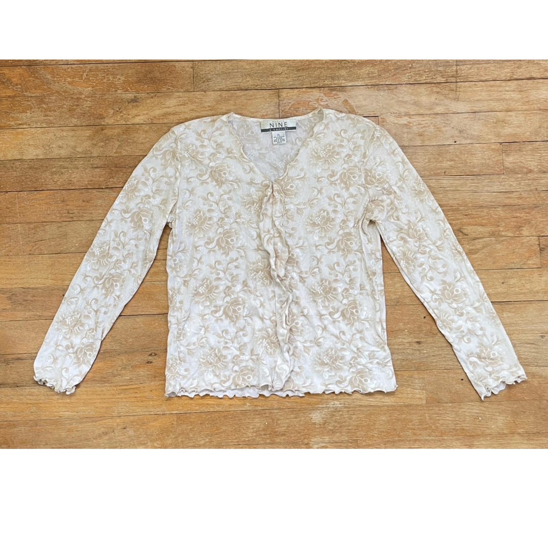 Vintage Floral Ruffled Blouse: Tan White Nylon Top, Women's M/L - Etsy