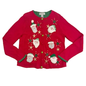 Vintage Santa Claus Christmas Cardigan Sweater: Red Holiday Button-Up, Size XL