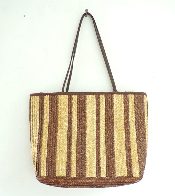 Vintage Straw Purse, 1990s Brown & Tan Tote, Stri… - image 2