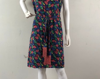 Vintage 90s Floral Dress: Sleeveless Belted Fringed Shift, Size Large