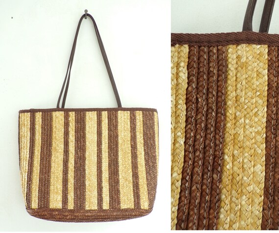 Vintage Straw Purse, 1990s Brown & Tan Tote, Stri… - image 1