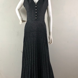 Vintage 1960s Knit Maxi Gown: Black Silver Sleeveless Party Dress, Medium