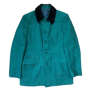 Wollen blazer jaren 60: vintage groen getailleerd jack met fluwelen kraag, maat Small