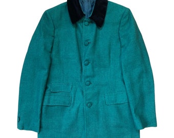 Blazer de lana para mujer de los años 60: Chaqueta vintage verde entallada con cuello de terciopelo, talla pequeña.