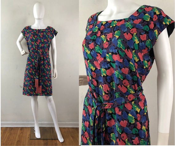 Vintage Floral Belted Dress, 1990s Sleeveless Flo… - image 1