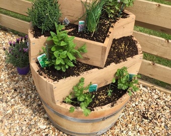 Oak Barrel Planter - Multi-level Perfect For Garden, Kitchen, Strawberries, Herbs, Flowers, Mint. Strong & Heavy Duty