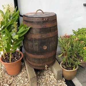 Whiskey Barrel Water Butt 40 Gallon With Brass Tap, Lift Off Lid, Rainwater Diverter And Raised Blocks image 1