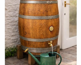 Reclaimed Wine Barrel Water Butt – Oak, Brass Tap, Lid, Raiser Blocks (UK)