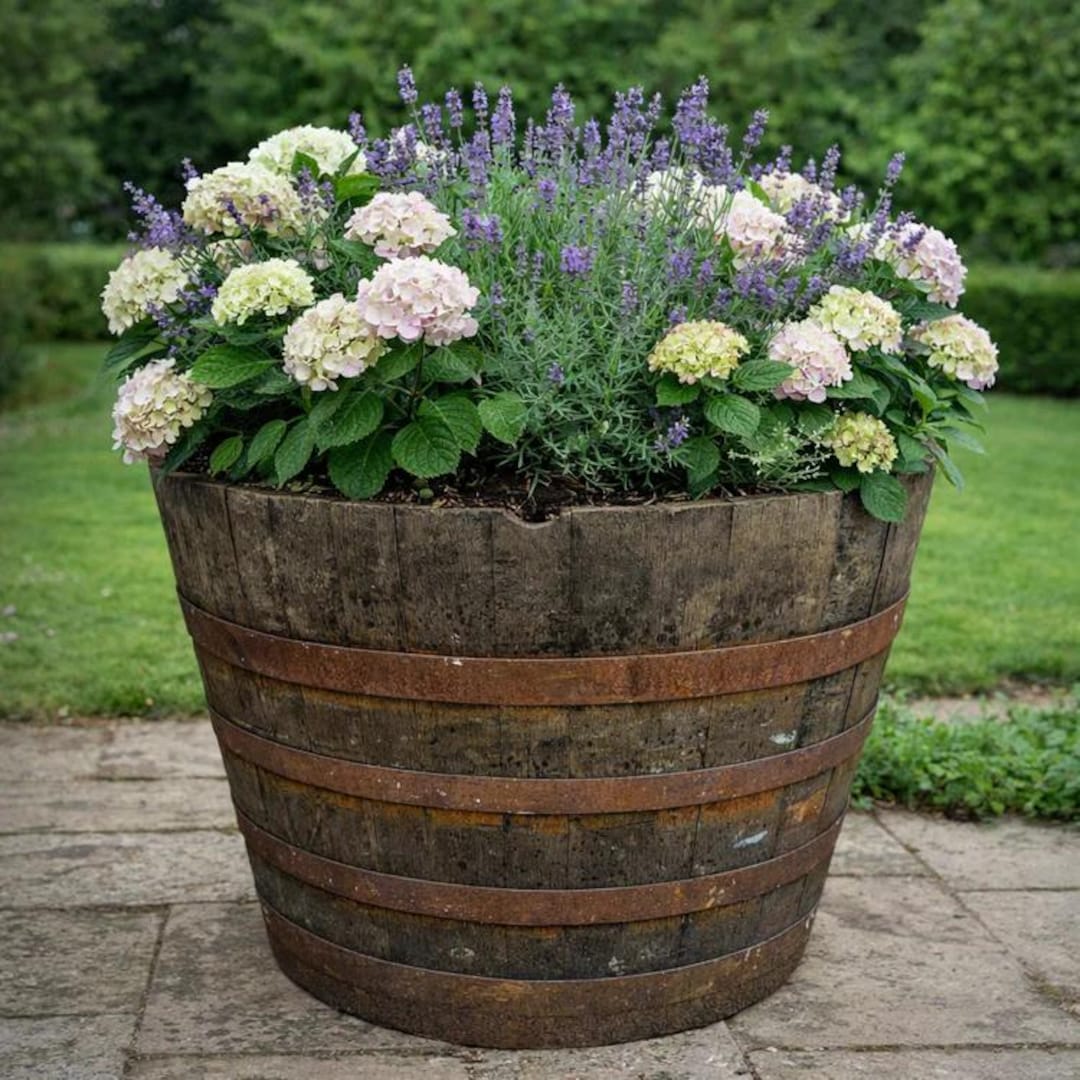 Solid Oak Whiskey Barrel Planter  Rustic Half Barrel Outdoor Plant Pot -  Etsy