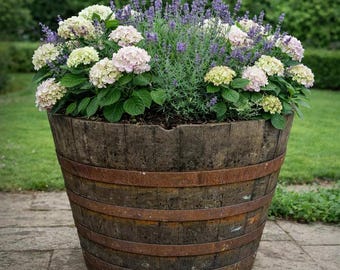 Solid Oak Whiskey Barrel Planter – Rustic Half Barrel Outdoor Plant Pot