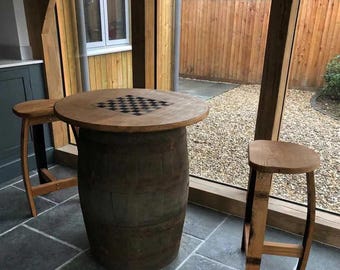 Whisky Barrel Table With Solid Oak Table Top. Oiled To Protect For Outside Use. Optional Barrel Stave Stools Available.