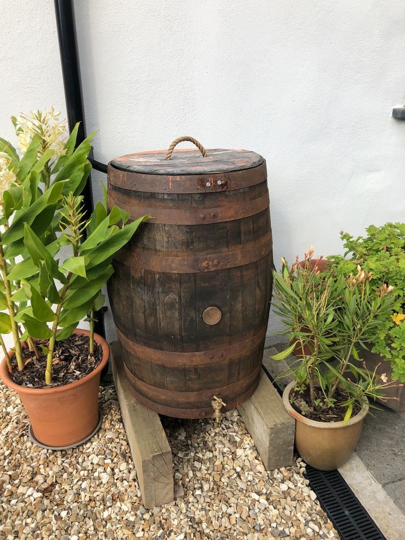 Whiskey Barrel Water Butt 40 Gallon With Brass Tap, Lift Off Lid, Rainwater Diverter And Raised Blocks image 1