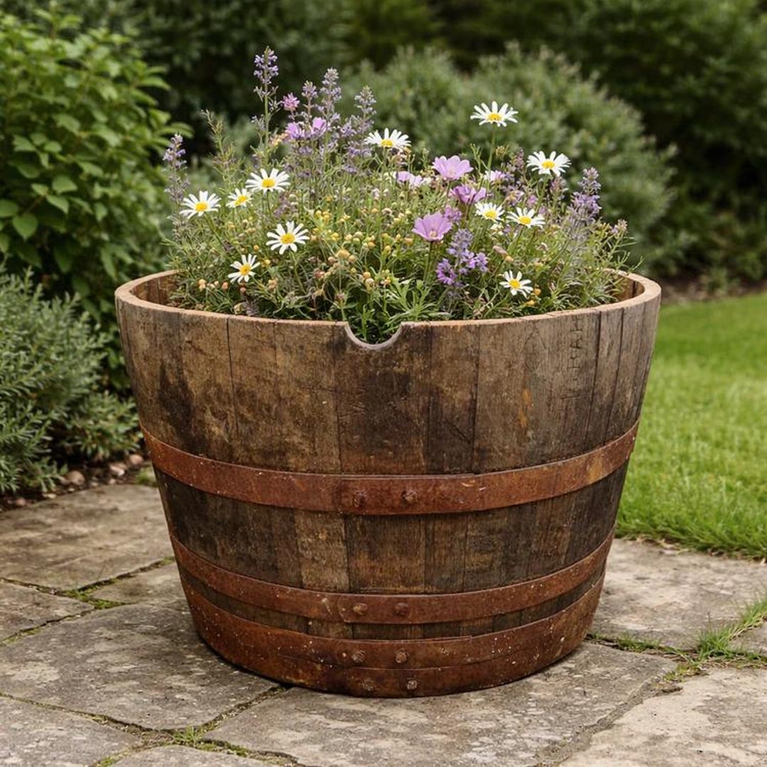 Large Oak Whiskey Barrel Planter, FREE DELIVERY – Reclaimed Half