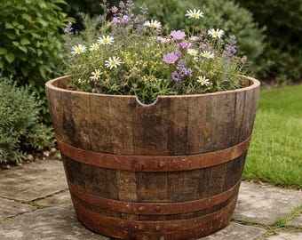 Large Oak Whiskey Barrel Planter, FREE DELIVERY – Reclaimed Half Barrel, Garden Decor Plant Pot, Multiple Sizes