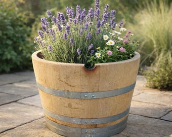 Reclaimed Oak Wine Barrel Planter | Rustic Garden Plant Pot, Outdoor Decor