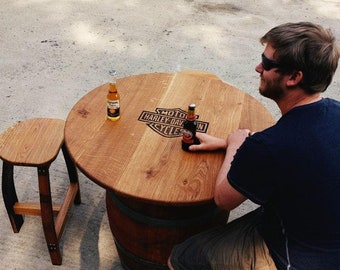 Wine Barrel Table With Solid Oak Table Top. Oiled To Protect For Outside Use. Available With Stools And Personalised Engraving